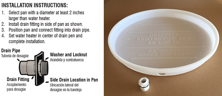 DRIPTITE water heater pan and instructions